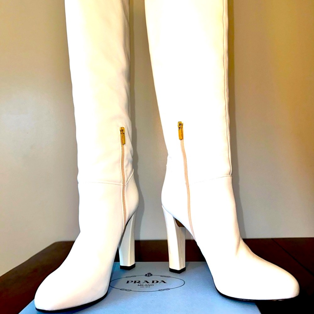 White Knee High Leather Boots Heels Almond Toe Le Silla